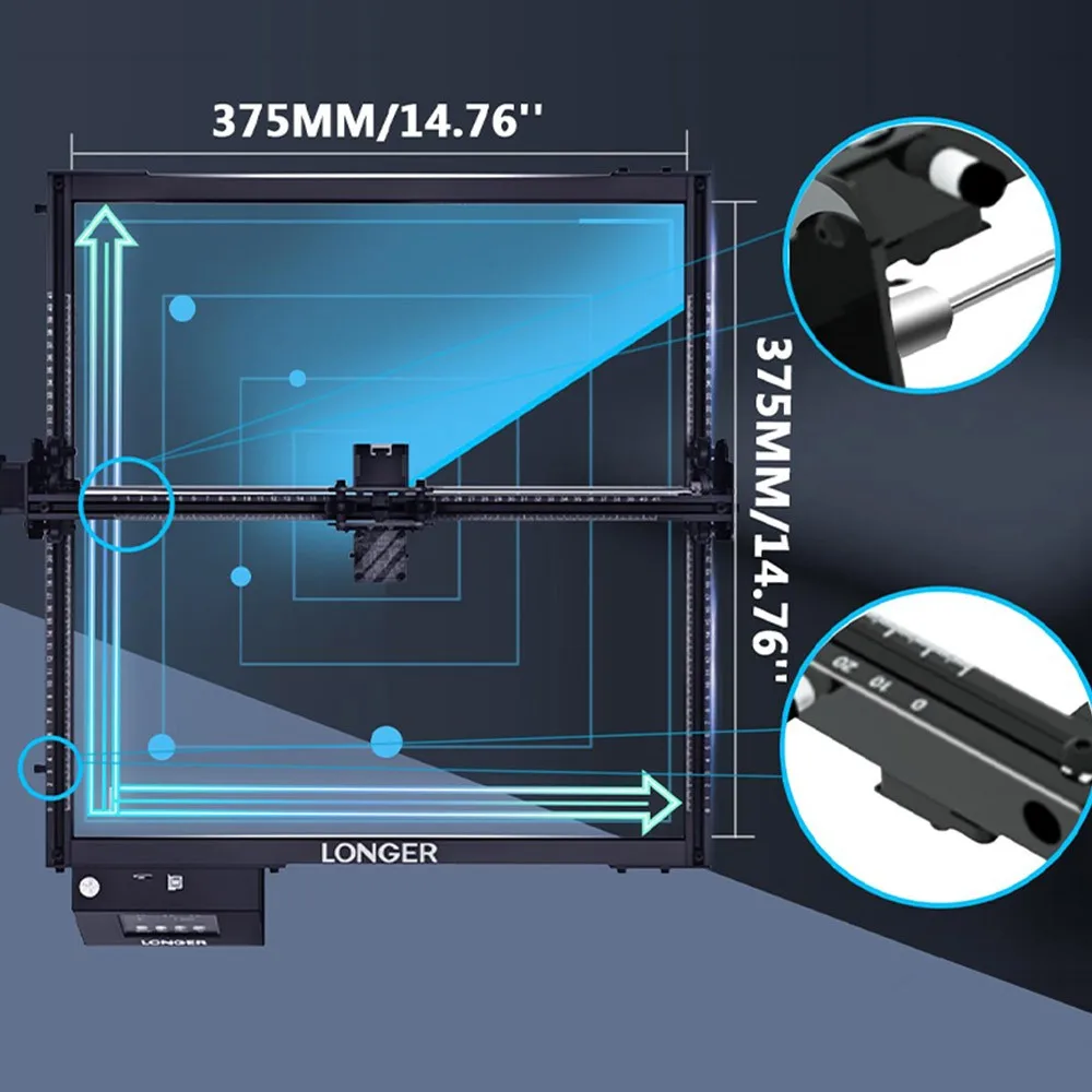 LONGER RAY5 20W Laser Engraver, 0.08*0.1mm Laser Spot, Color Touchscreen, 32-Bit Chipset, APP Connection, 375*375mm