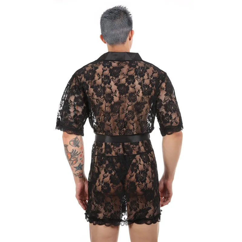 Herren Spitze Nachthemd sexy Dessous Perspektive Versuchung Nachtwäsche Roben männliche Pyjamas Bademantel Set transparente Tanga Nachtwäsche