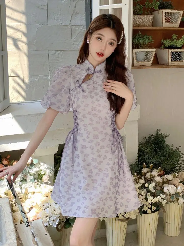 Chinese Verbeterde Qipao Rok Sweet Jacquard Lady Jurk Bubble Mouw Korte Rok Zomer Sierlijk Dagelijks Verbeterde Qipao Jurk