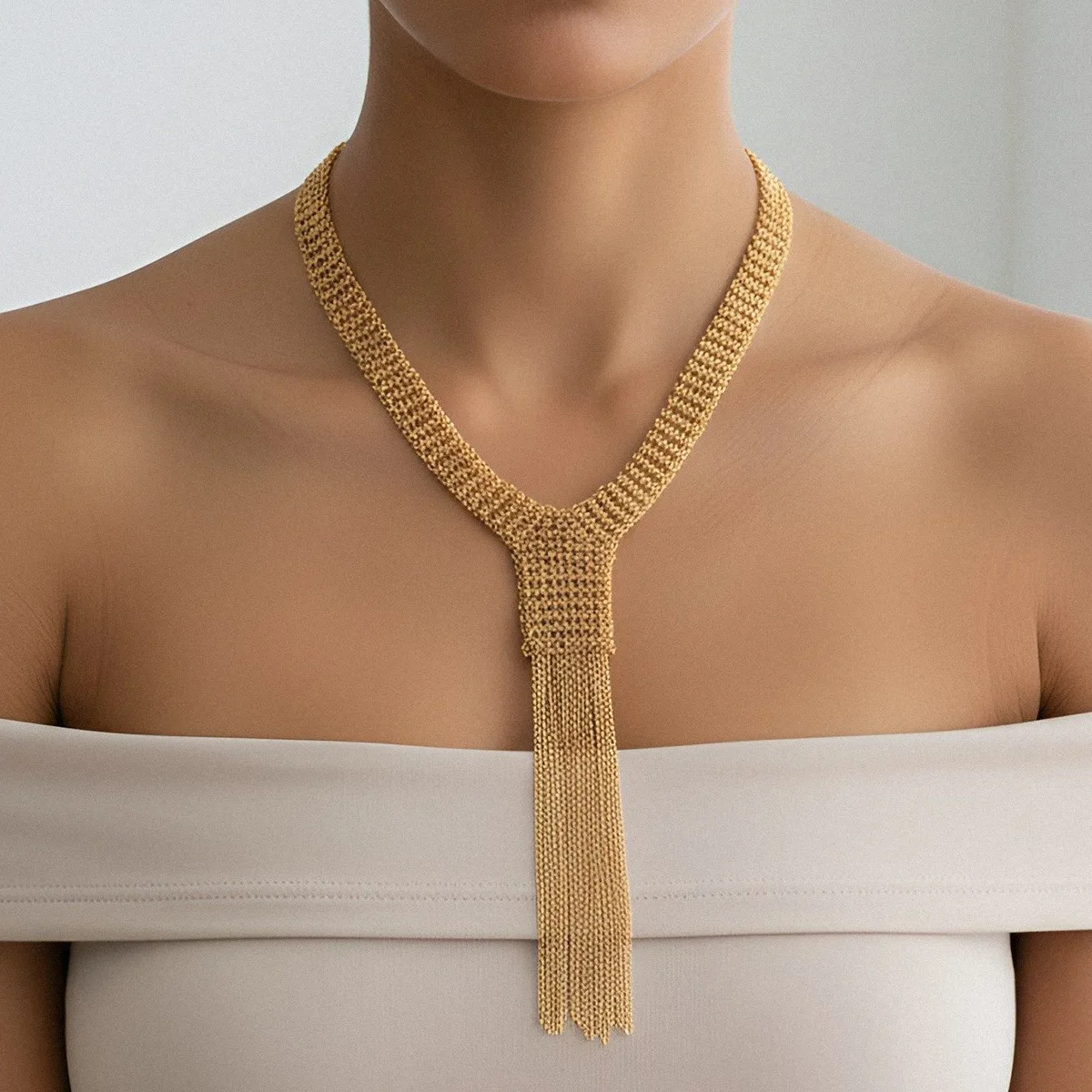ZA exaggerated multi-layer tassel long alloy woven women's necklace bohemian body chain source