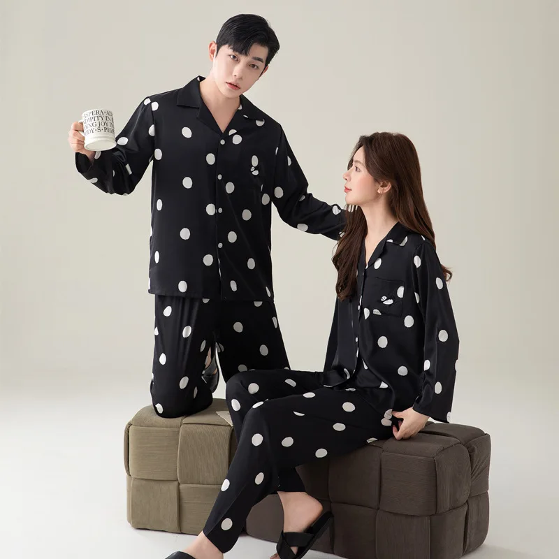 Couples Silk Satin Pajamas Set Long Sleeve Button down Sleepwear Matching Women And Men 2 Pcs Classic Loungewear