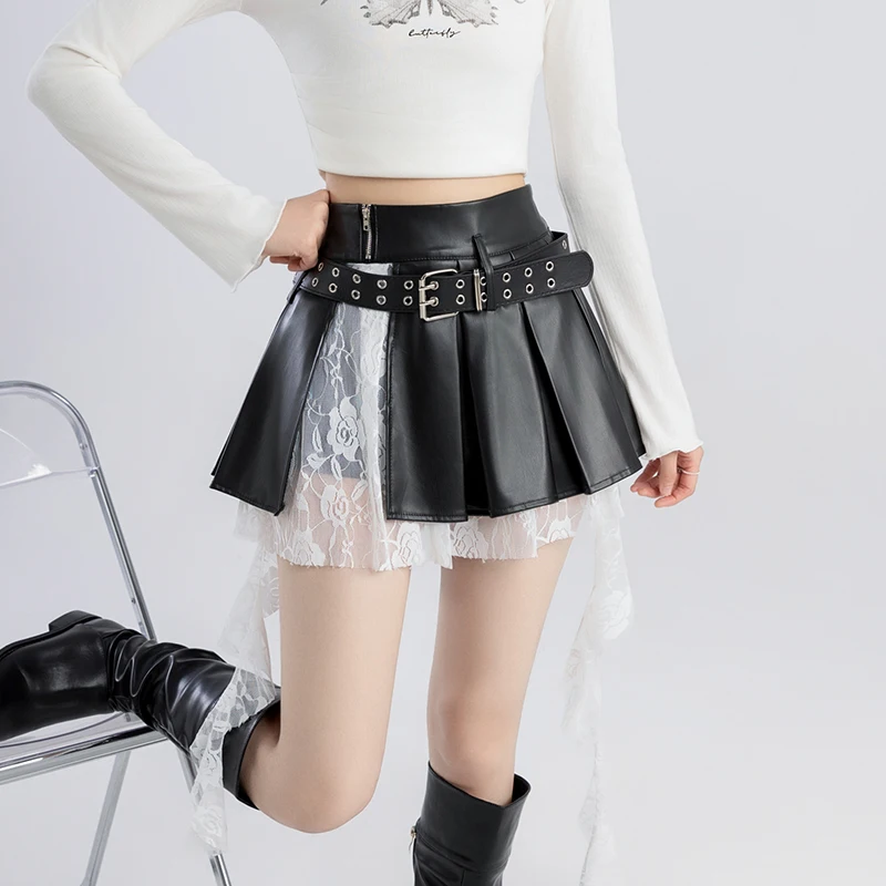 

y2k Short pleated skirts Punk Short Leather and Lace Spliced skirts harajuku gothic clothes y2k clothes y2k fashion