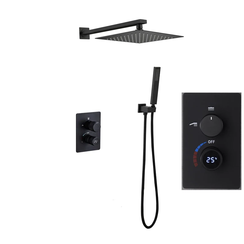 Digital Matte Black Bathroom Shower Faucet Black All Metal Shower Faucets Set Rainfall Shower Head Digital Display Mixer Tap