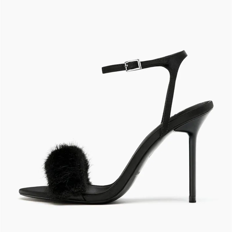 الفاخرة فو الفراء مصمم صنادل عالية الكعب المرأة مثير المفتوحة تو الكاحل حزام مشبك خنجر الكعوب أنيقة مأدبة فستان الأحذية #2