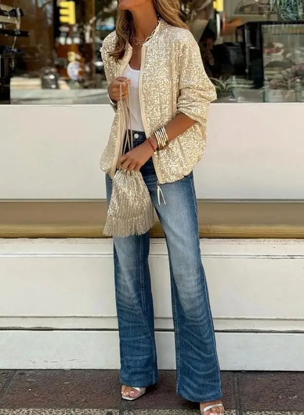 Women's Jacket 2025 Spring Autumn New Solid Color Long Sleeve Open Front Sequin Jacket Casual Loose Fit Party Zipper Jacket Top