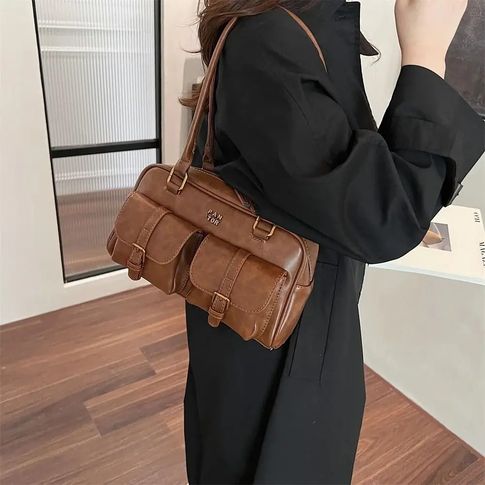 

Korean Style PU Bowling Bag Handbag Patent Leather Pocket Boston Tote Bag Minority Design Solid Color Underarm Bag Outdoor