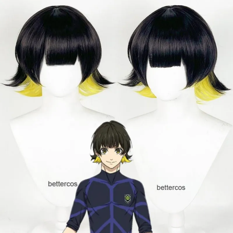 Anime Blue Lock Bachira Meguru Cosplay Short Black Yellow Bachira Meguru Cosplay Wig Heat Resistant Hair Party Wigs + Wig Cap