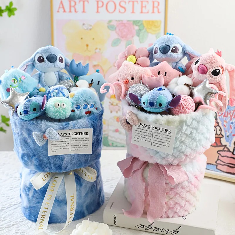 Disney Lilo And Stitch Doll Bouquet Led Light Tote Bag Fantasy Stitch Pop Ball New Doll Wool Girl Birthday Christmas Gift