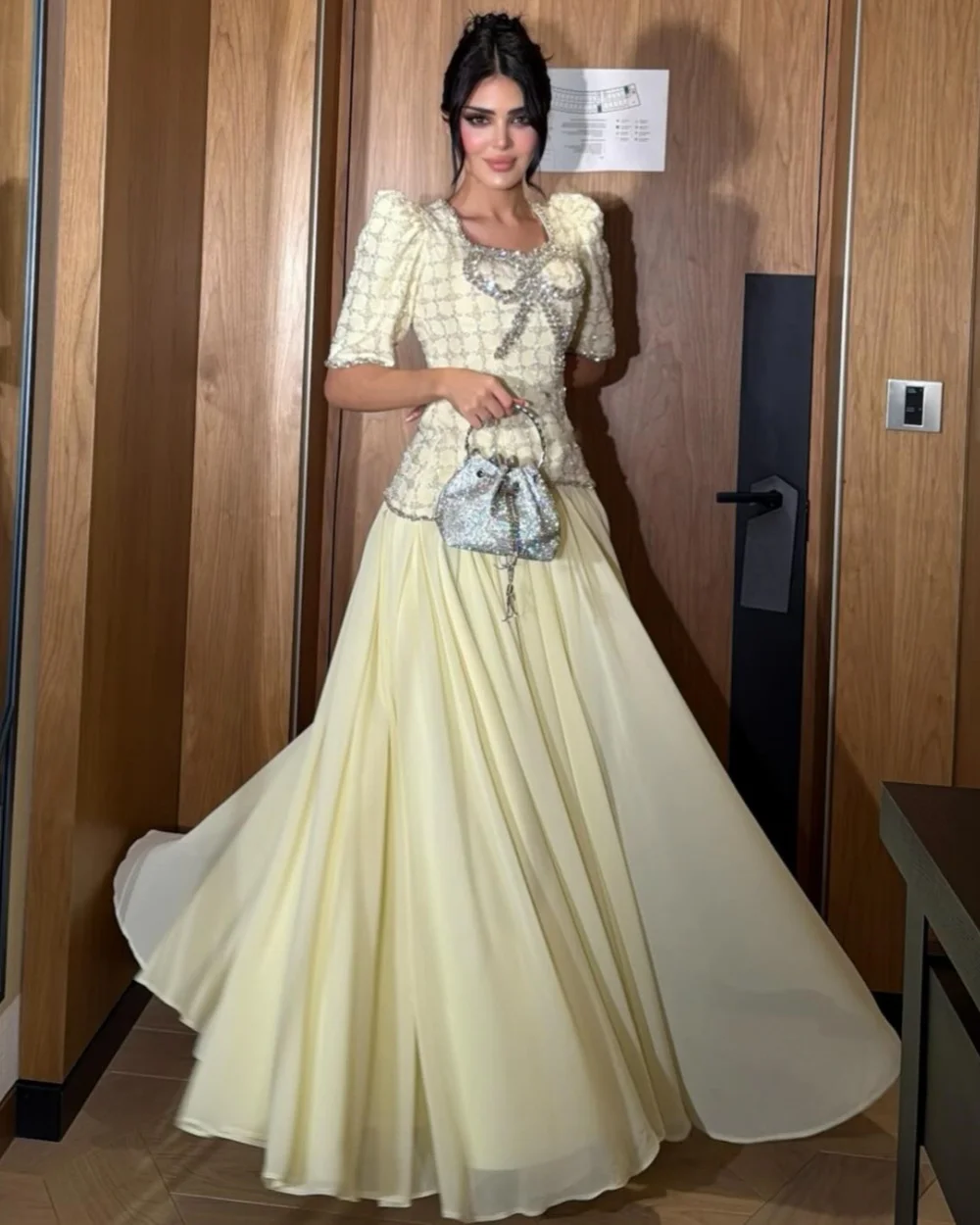 

Customized Exquisite Women Chiffon Rhinestone Ruched A-Line Evening Dresses Formal Square Neck Short Sleeves Long Prom Dresses