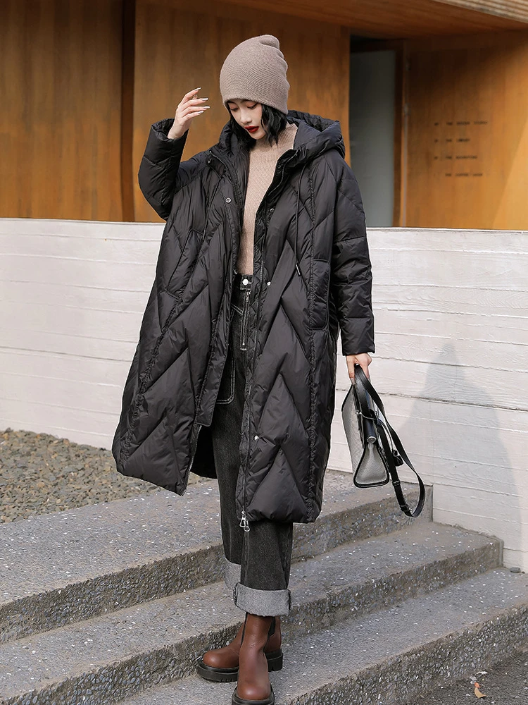 Long Hooded Jackets for Women, 90% White Duck Down, Thickened Coats, Loose Warm Outerwear, Large Size, Winter Fashion, New