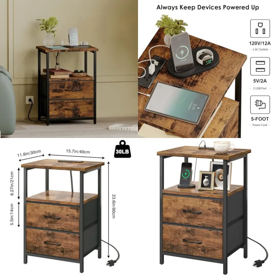 

Night Stand with Charger Station, Nightstand with Charging Station Fabric Drawers
