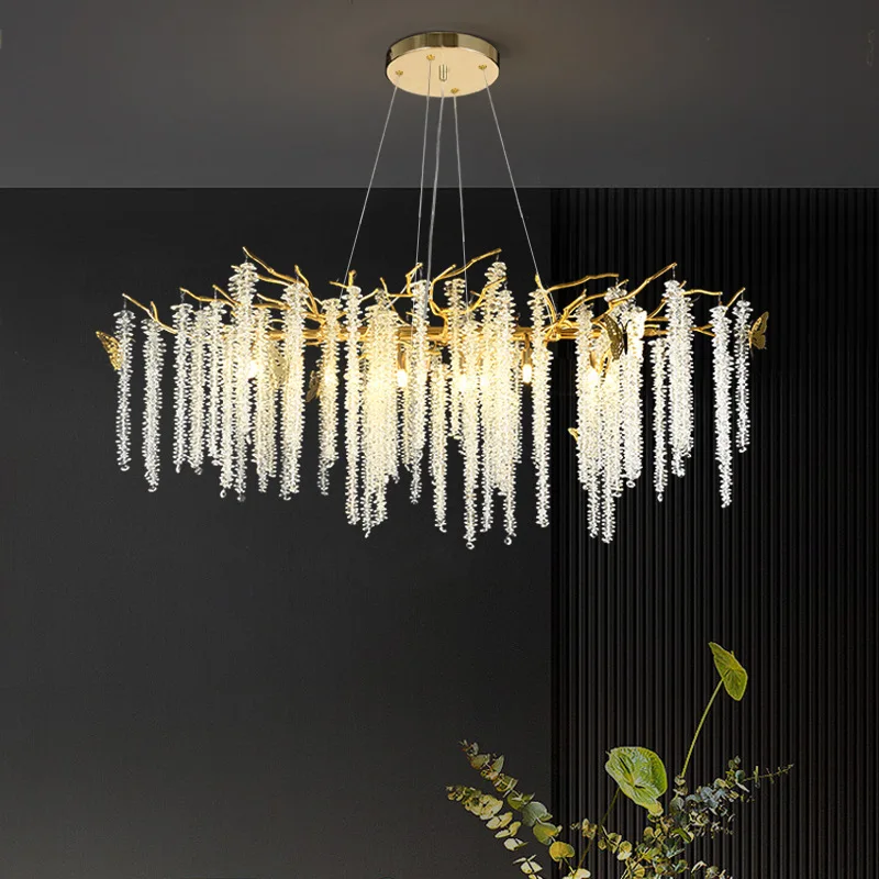 

Light luxury branch crystal lamp living room post-modern simple luxury crystal French dining room chandelier