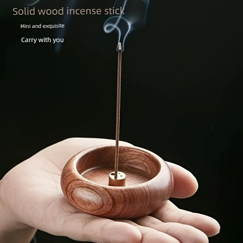 Wooden Incense Holder with Brass Insert Multi‑Hole Stick Incense Burner Round Wood Incense Tray Desktop Home Tea Room Decor