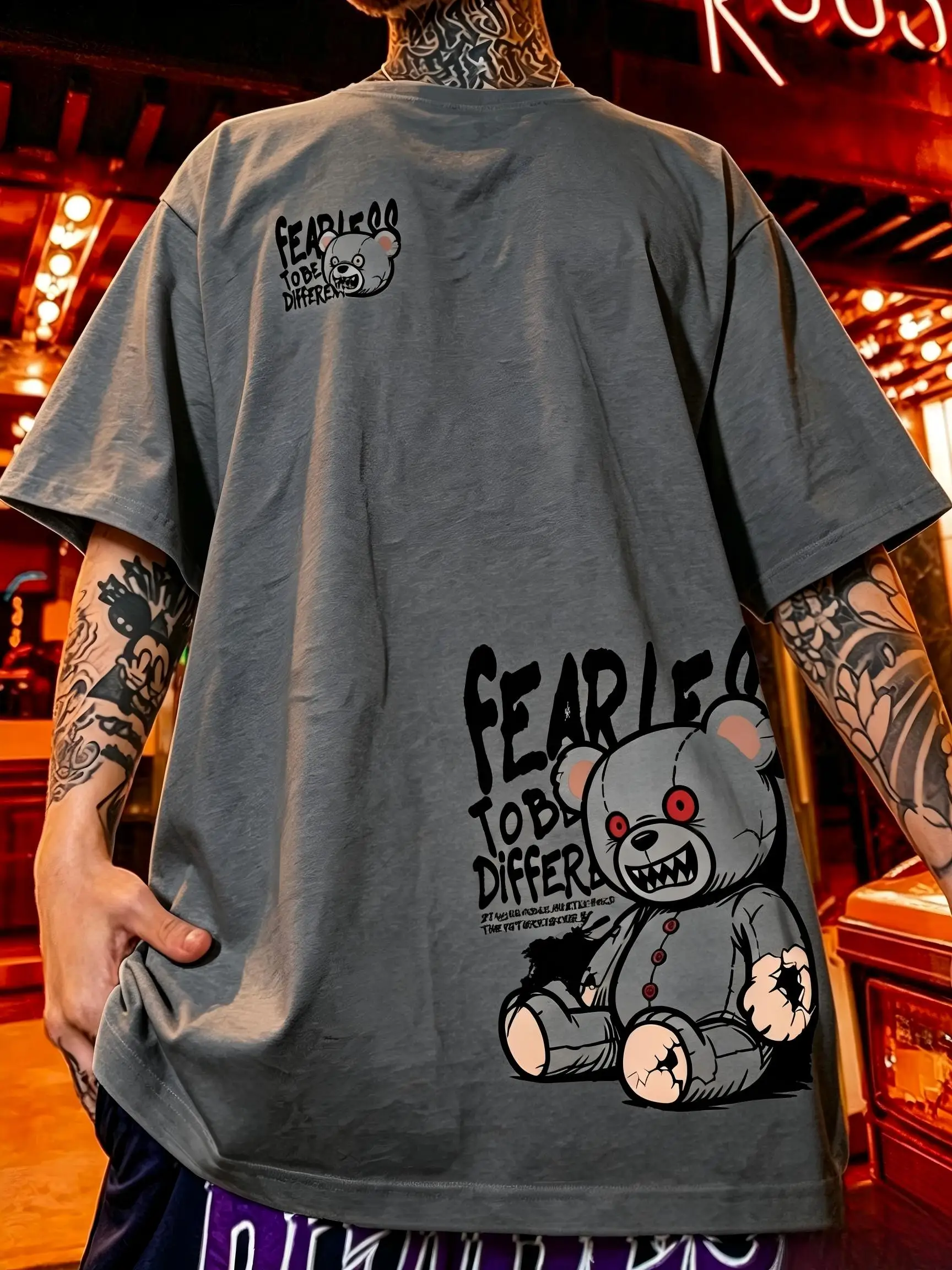 American style new men's summer angry teddy bear letter print soft and breathable round neck T-shirt outdoor street style top