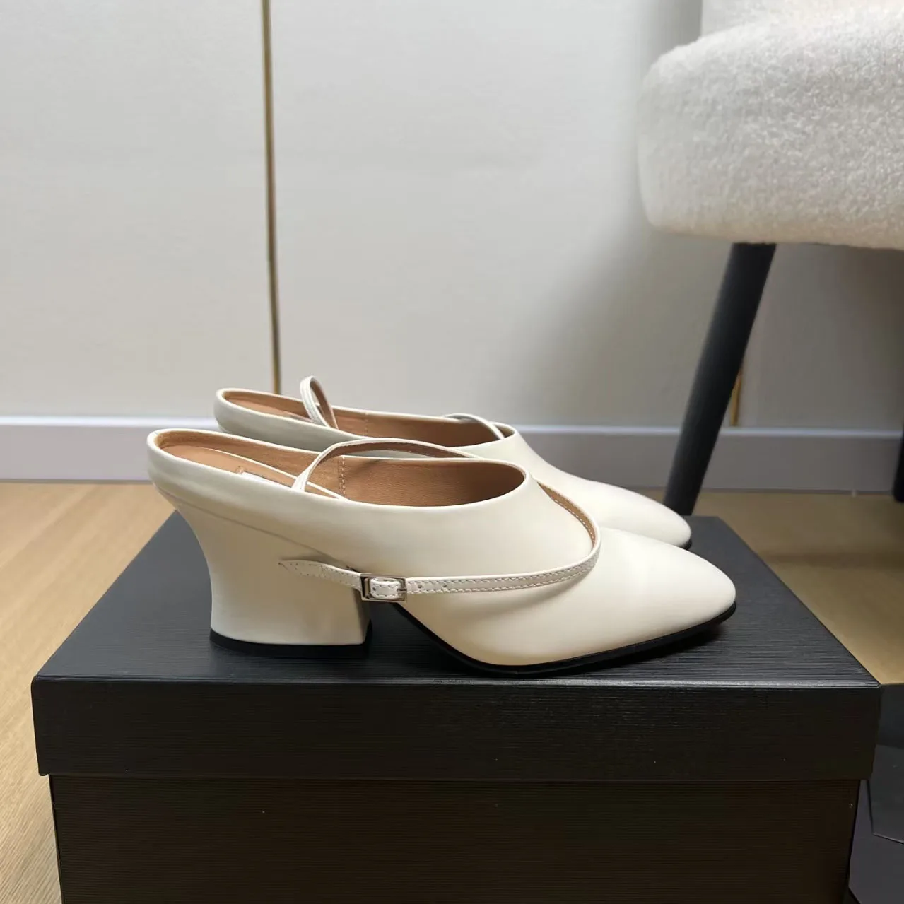 Picture 6: Women's Blue Black Leather Mules White Ankle Strap Sculpted Heel Shoes