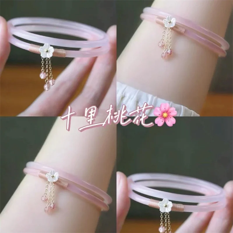 2Pcs/Set Imitate Natural Jade Jingle Peach Blossom Jelly Strips Bangles Retro Simple Girl Antique Glass Women\'s Jewelry Gifts