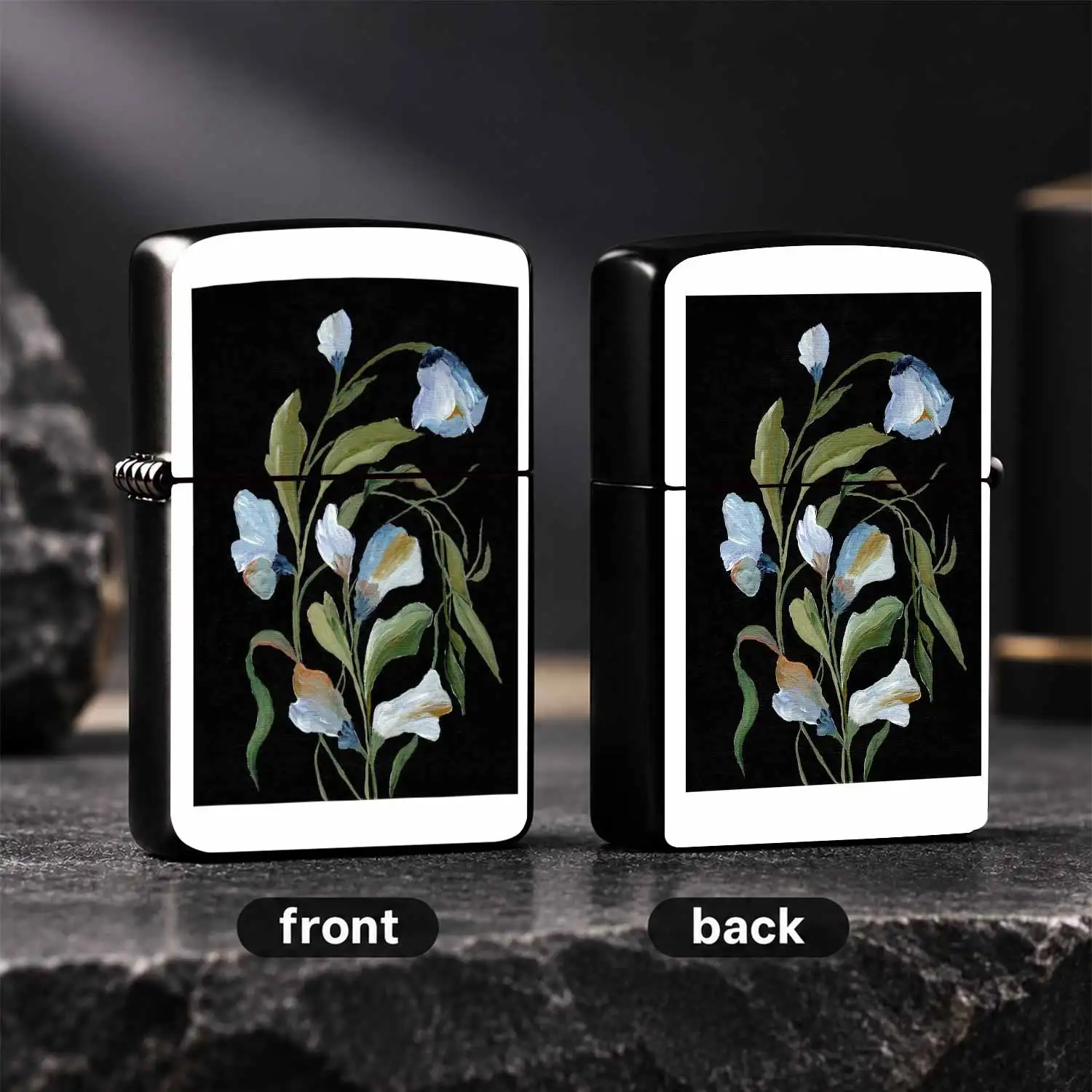 Elegant Black-Background Hand-Painted Blue White Sweet Pea Lighter, Artistic Floral Decor Portable Igniter, Delicate Aesthetic Practical Accessory For Daily Use, Gifting And Various Common Scenarios, Chic A Humorous And Interesting Lighter