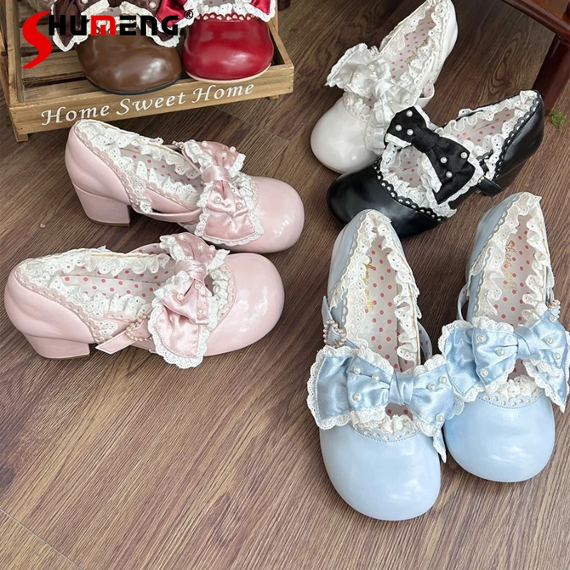 

Sweet Cute Y2k Mid Heel Pumps Japanese Style Pearl Candy Slingbacks Lolita Lace Bow Mid Heel Pumps 6 Colors Can Choose For Women