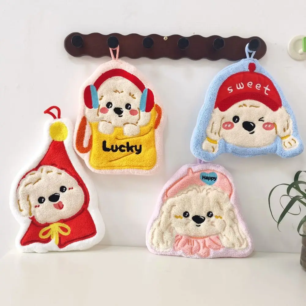 New Coral Fleece Puppy Hand Towel Absorbent Soft Touch Hanging Hand Towel Cartoon Hand Towel Kitchen Use