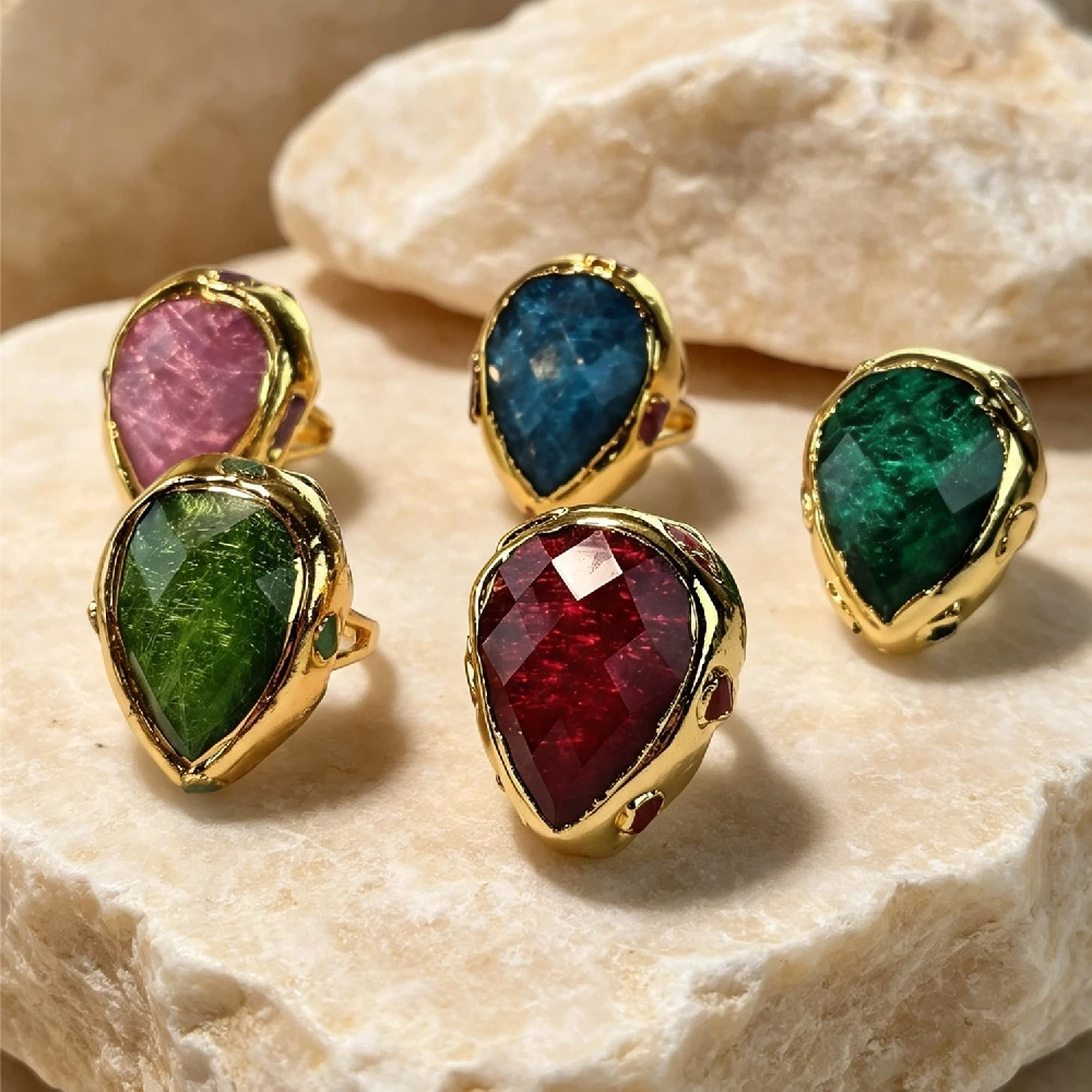 Teardrop Faceted Natural Mineral Finger Charms Ornate Bezel Multi‑Color Crystal Adjustable Band Golden Plated R2G116