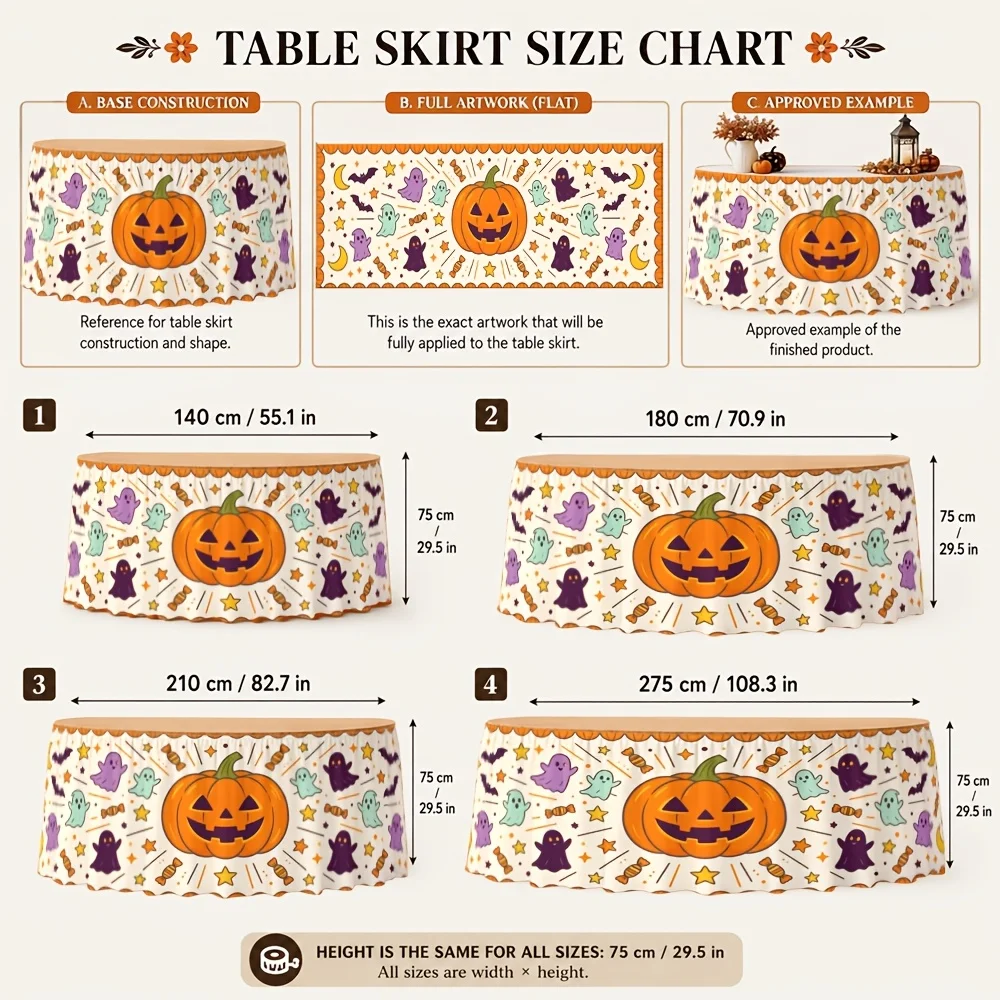 One table skirt. Halloween pumpkin, ghost, bat, moon, candy corn pattern table skirt. Polyester festive scary fun.