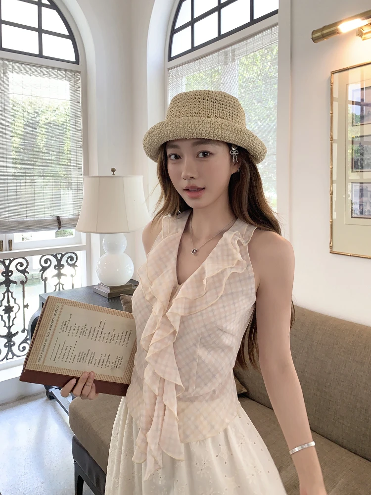 

Faionable Chiffon Svel Vest Encountering Summer Neline Lace Trim Commute Sle Regular Length Cheered Pattern
