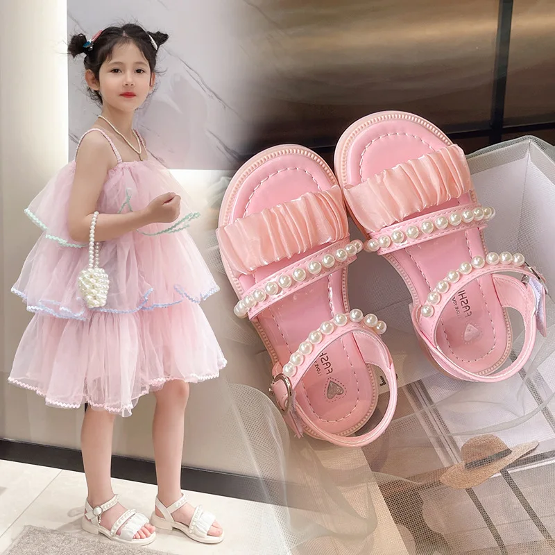 

Child Sandals for Girls 2024 Fashion Beading Shoes for Kids Children Beach Shoes Girls Summer Sandal Princess Square Heel Shoes