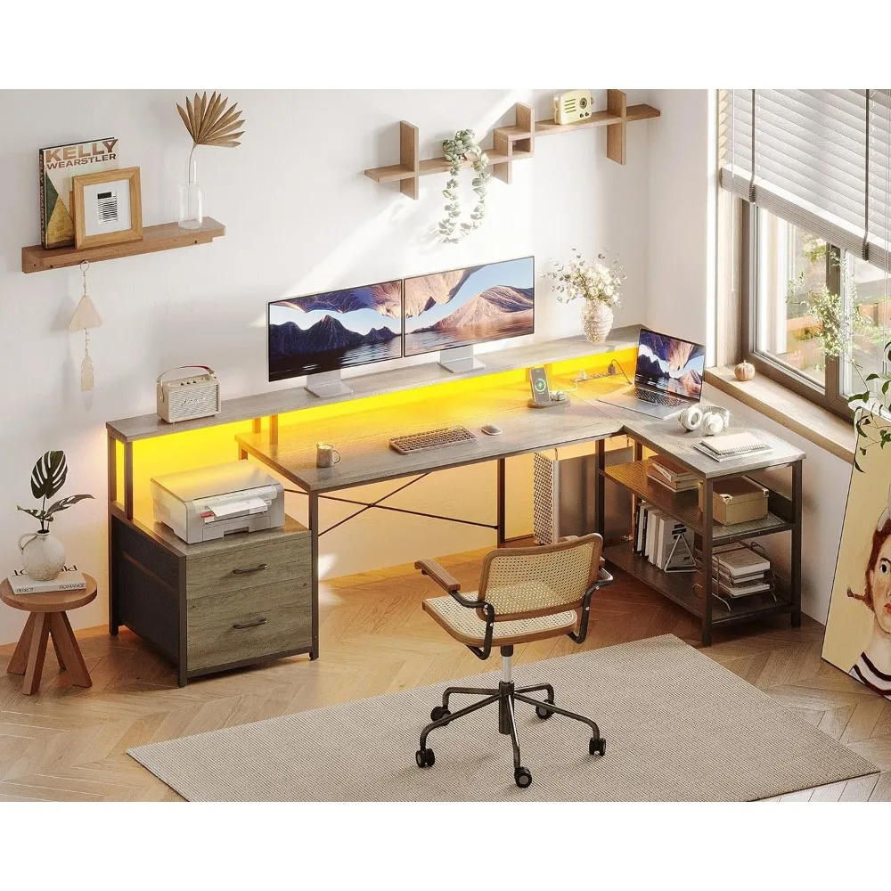 Study Desk em forma de L com tira LED, mesas de computador com tomada, mesa de estudo com armazenamento