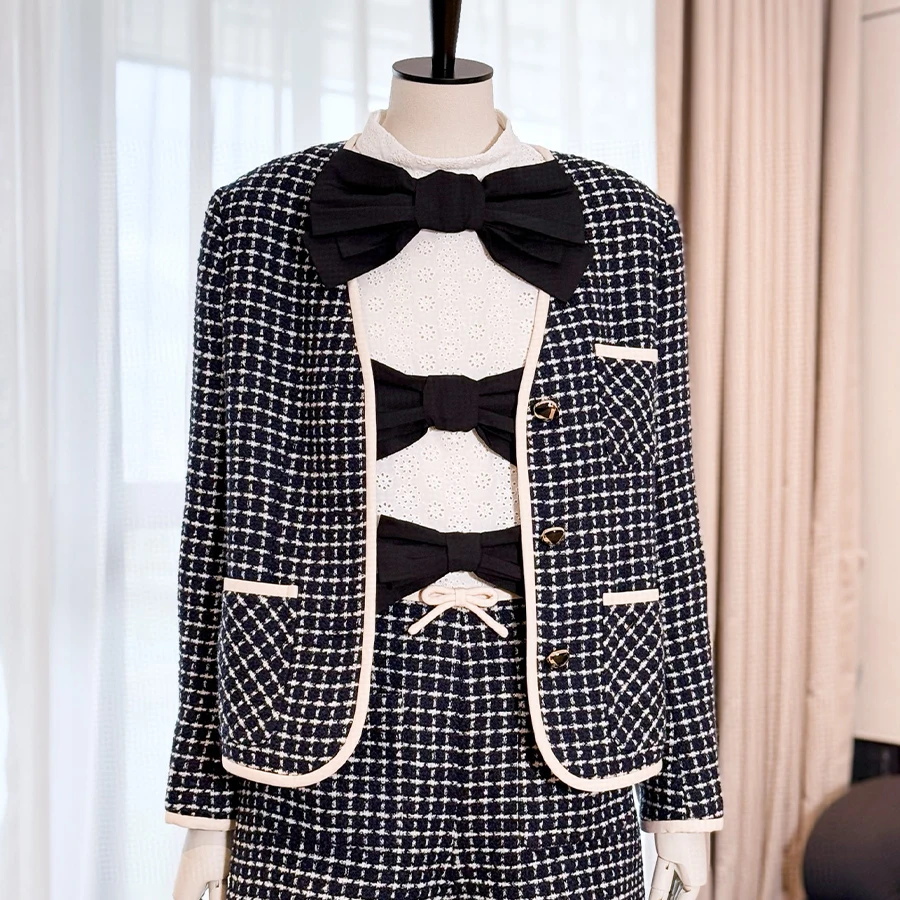 

NIGO Women's Spring/Autumn Retro Checkered Tweed V-Neck Jacquard Solid Color Long Sleeve Single-Breasted Jacket #hz1123