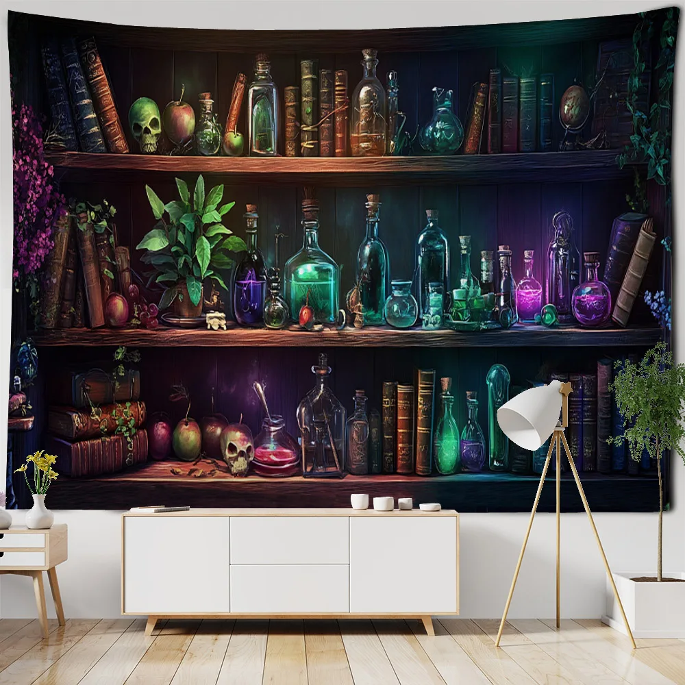 Vintage bookshelf tapestry dreamy window library wall hanging, aesthetic art decoration, home living room bedroom background