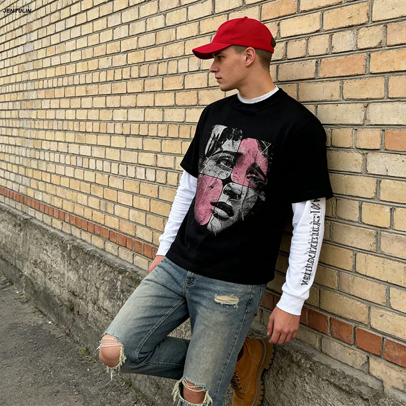 Unisex Men Thick T-shirt Summer Face Crying Graphic Black Aesthetic Short Sleeve T-shirts Pure Cotton Solid Color Top Casual Tee