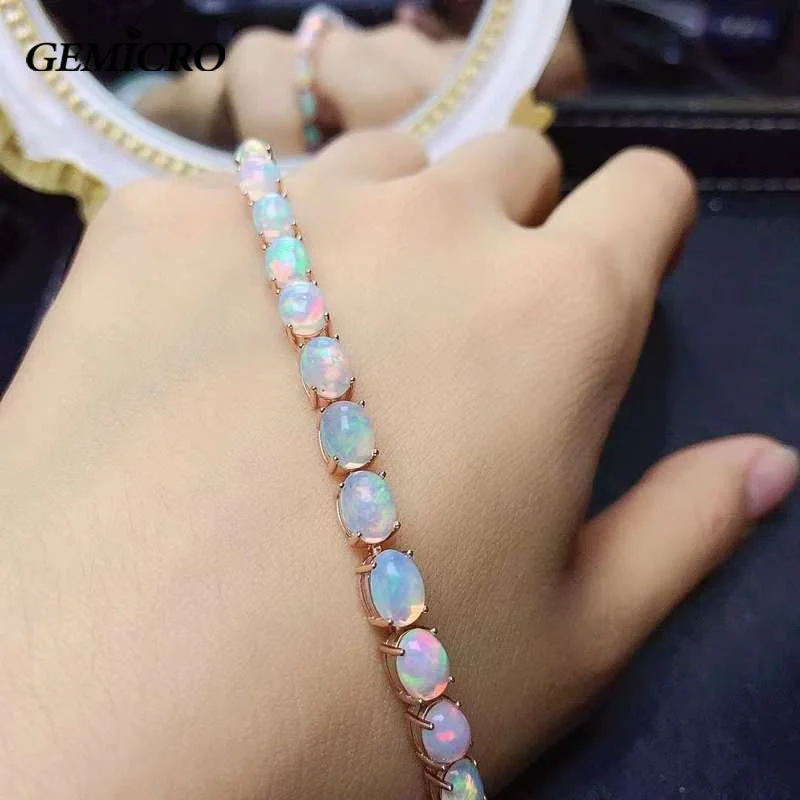 

Gemicro 925 Sterling Silver Natural Opal Simple Bracelet Colorful Stone Bracelet Women's Fine Wedding Jewelry 6*8mm 20Pieces