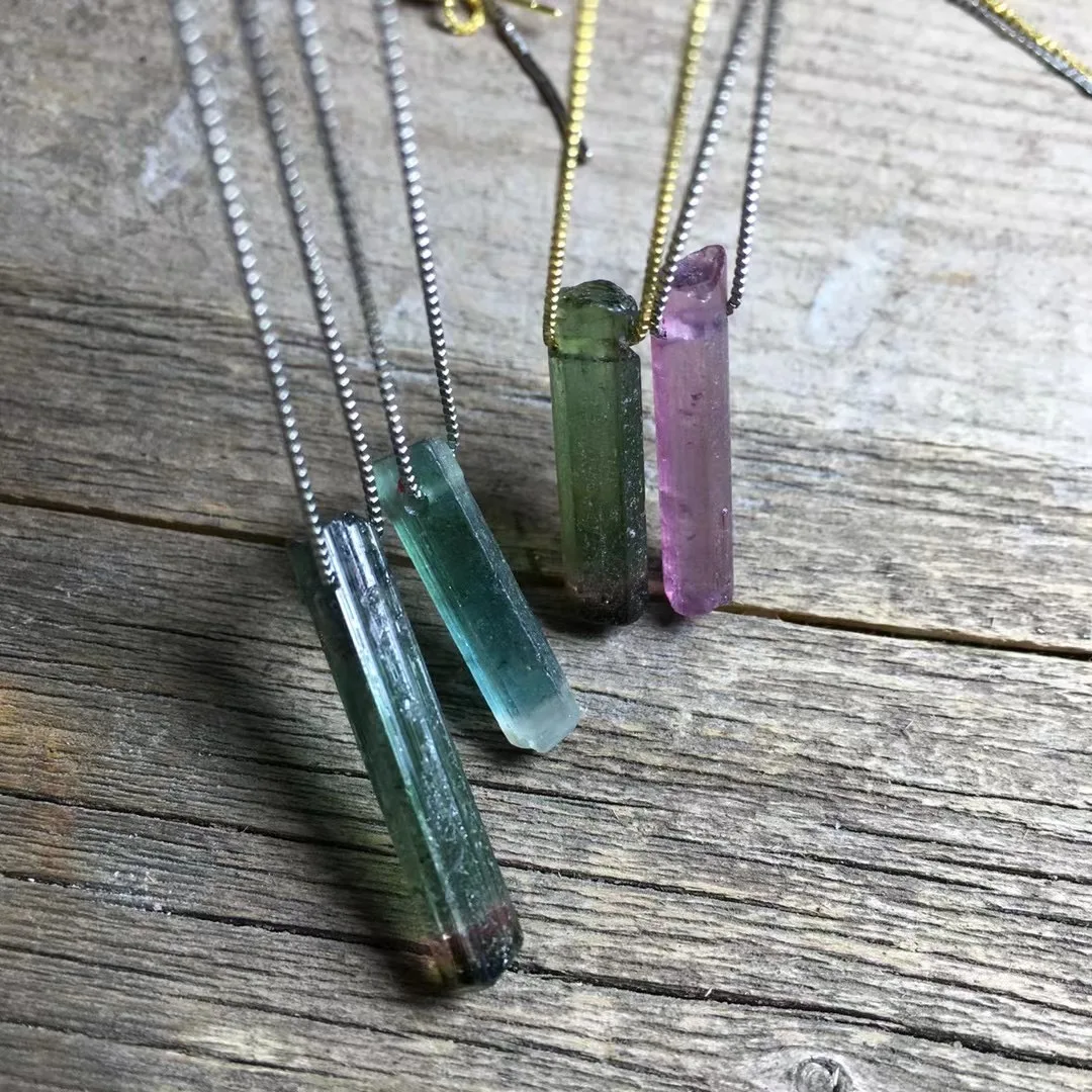 1Pc Fengbaowu Natural Colorful Transparent Raw Tourmaline Necklace Pendant 925 Sterling Silver Reiki Healing Stone Jewelry Gift