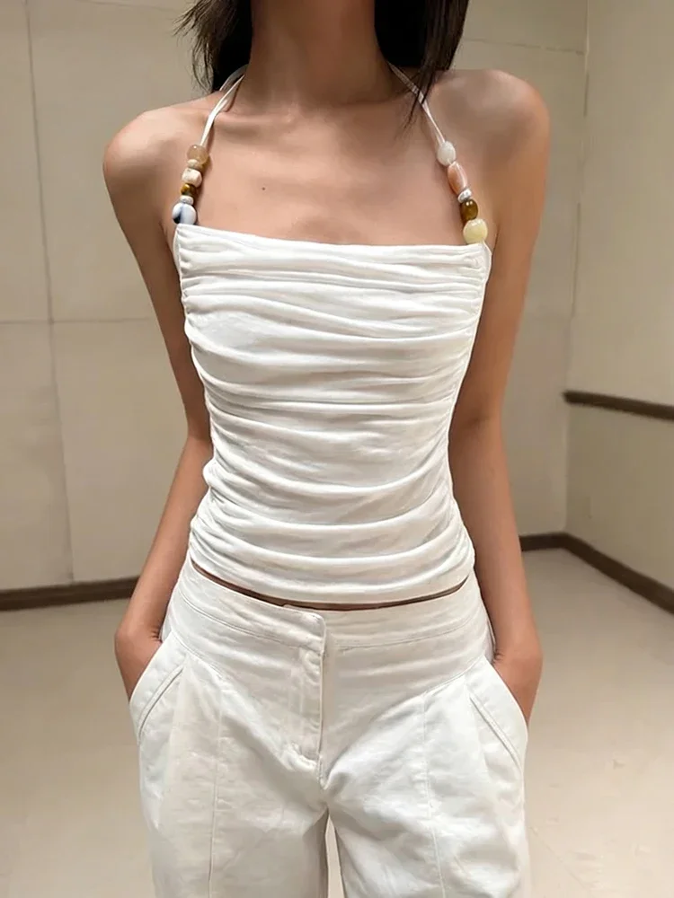 Beads Decoration Tank Tops Woman Summer Trend Halter Backless Ruched Shape Waist High Street Casual Fashion Style Vests