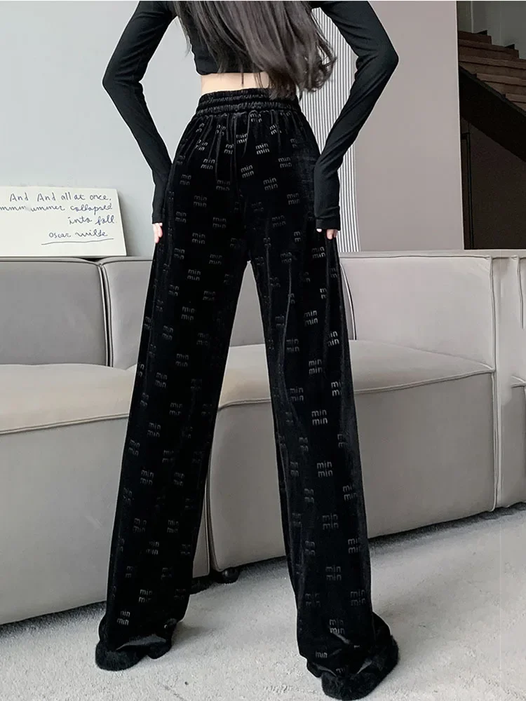 Velour High Waisted Pants Woman Print Wide Leg Belted Comfortable Elastic Waist Black Autumn Winter 2024 Fashion Clothing