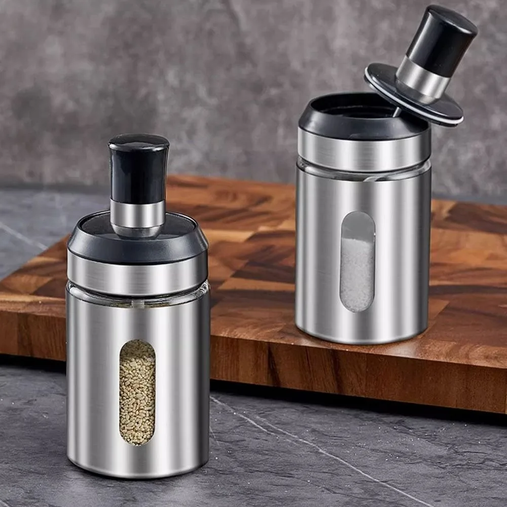 Stainless Steel Seasoning Jar Moisture Proof Sealed Salt Shake Bolttle Clear Window with Spoon Spice Storage Box Home