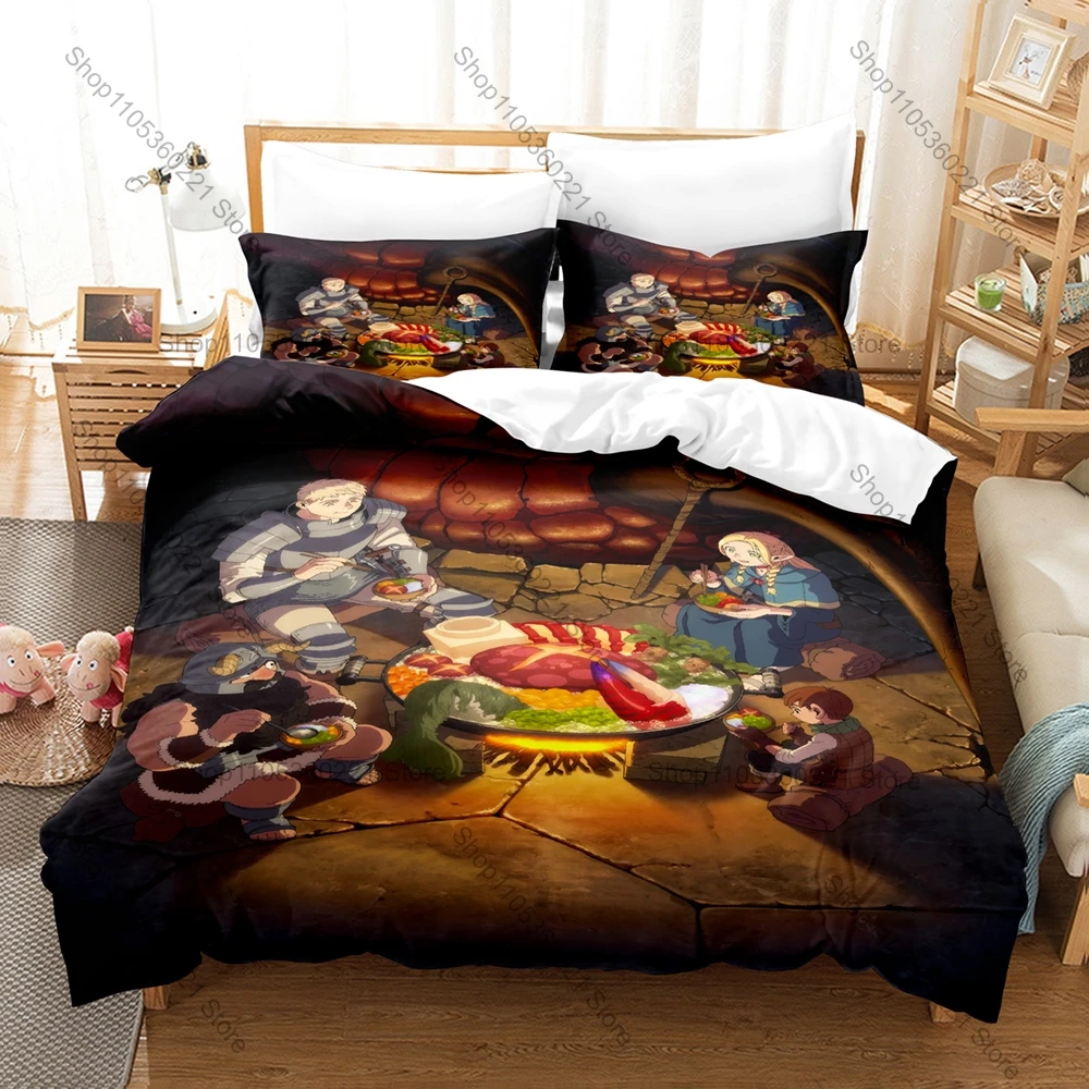 Delicious in Dungeon Fantasy Dungeon Gourmet Cartoon Bedding Set Duvet Cover + 2 Pillowcases Otaku Room Decor