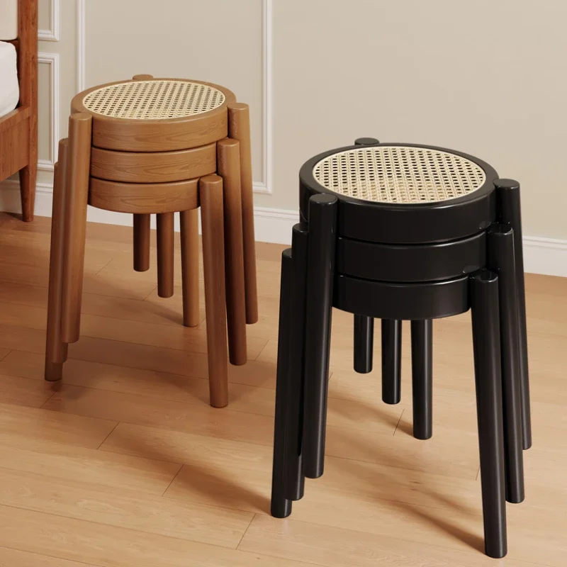 Rubberwood Home Stool  Breathable Rattan Dining Chair  Natural Wood Dining Stool Stackable Mid-Century Living Room Chair