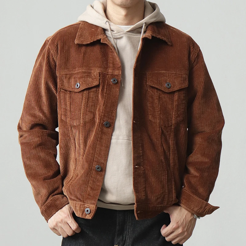 Autumn And Winter New American Retro Men's Corduroy Jacket 100% Cotton Washed Loose Fashion Casual Single-breasted Lapel Coat