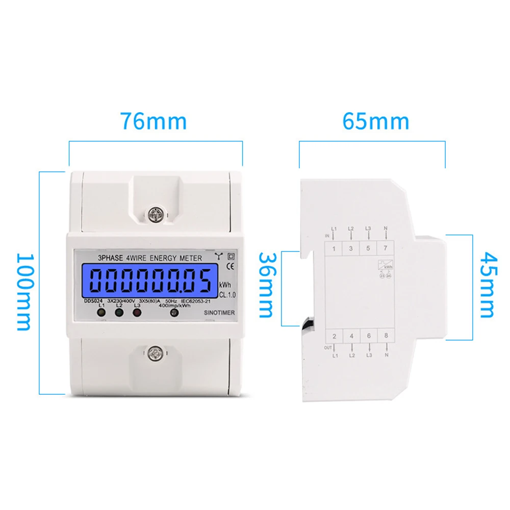 3 Phase 4 Wire Electronic Watt Power Consumption Energy Meter Din Rail 5-80A AC400V 50Hz LCD Backlight Display kWh Wattmeter