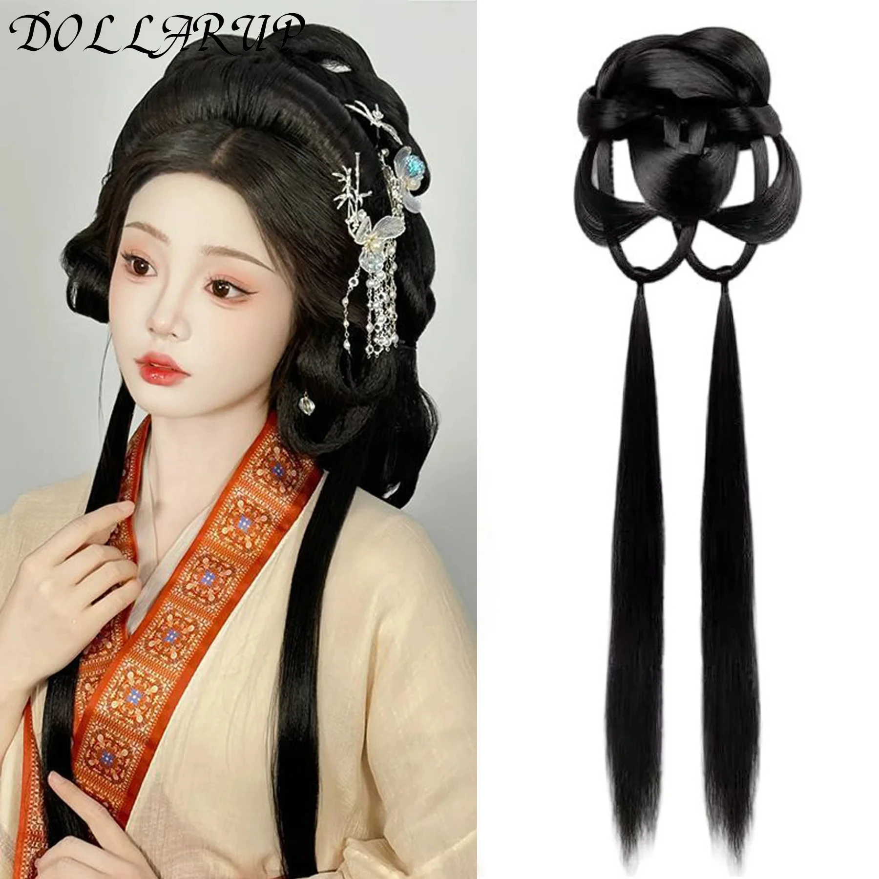 JKL Chinese Traditional Retro Black Hair Braids Chignon Synthetic Fake Hanfu Hair Bun Pad High Ancient Princess Cosplay Vintage