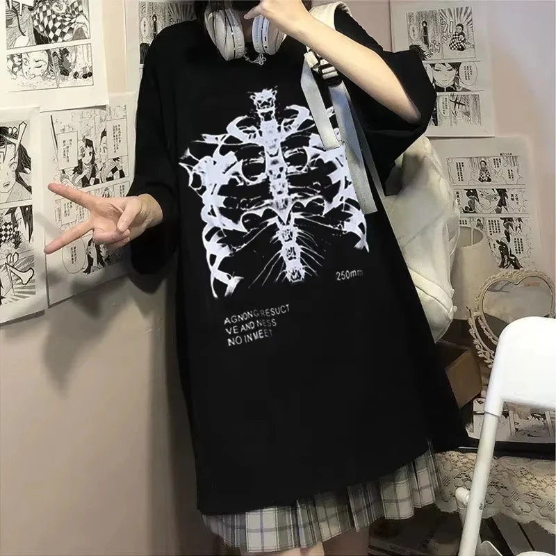 Gothic Hip Hop Streetwear Y2k Harajuku T-Shirts mit Skelett-Print, schwarze Gothic-Kleidung, lässige, lockere T-Shirts mit kurzen Ärmeln und Rundhalsausschnitt, unisex. – Detail 3
