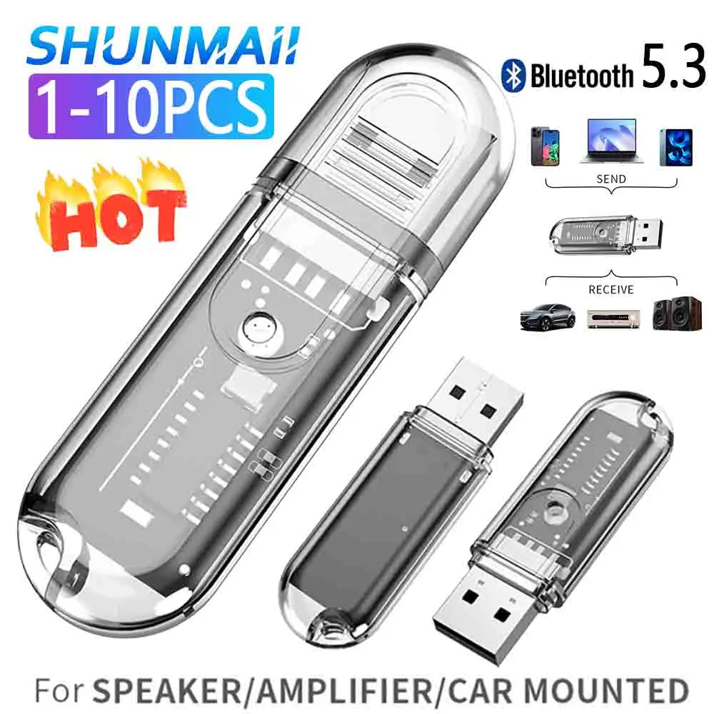 1-10PCS Receiver Connector USB Car Speaker Music Receiver Bluetooth-Compatible 5.3 Lightweight Noiseless Strong Signal for PC