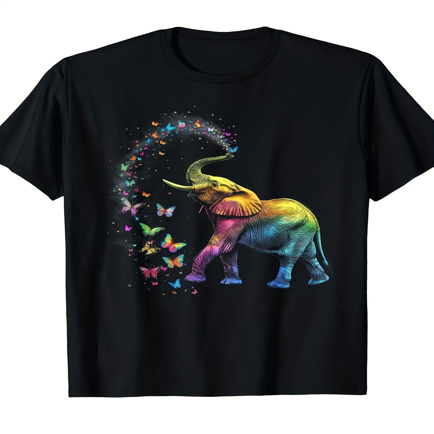 Funny Elephant Spraying Butterflies Graphic T-Shirt - Retro Casual Unisex Tee with Playful Elephant Trunk Spray Design, Short Sleeve Crew Neck Shirt for, Outdoor Daily Wear 100% cotton t shirt, Gift tshirt