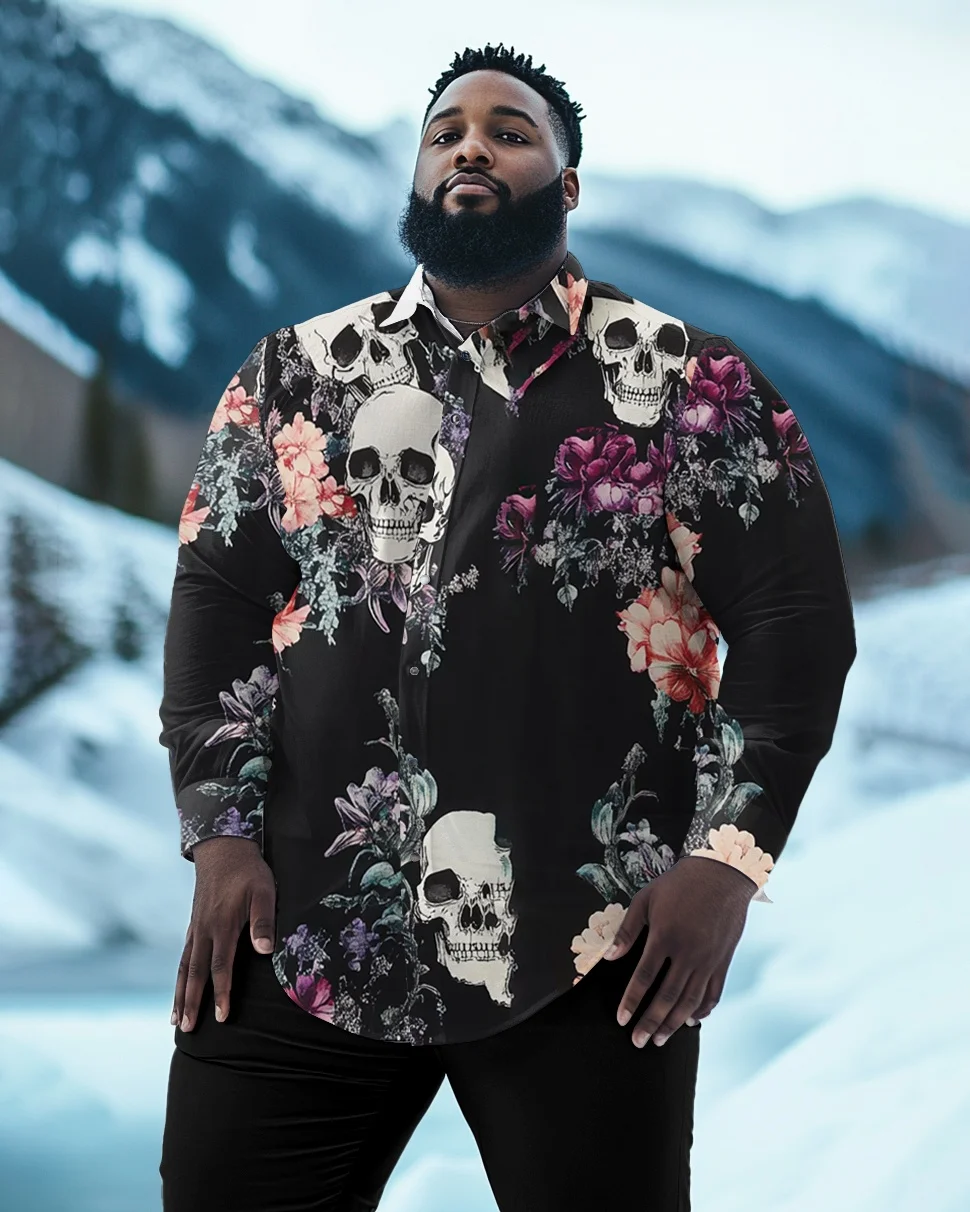 Men's Plus Size Long Sleeve Button-Up Shirt, Dark Floral Prints with Colorful Flowers and Illustrated Details for Casual Wear