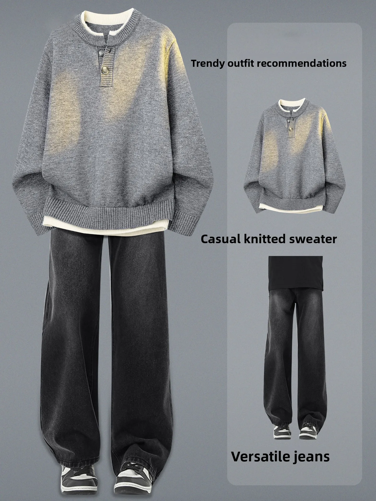 

Light ey Henry Collar Knitwear Boys Autumn Winter with Straight Leg Jeans Faion Set for Teenagers Long Sve