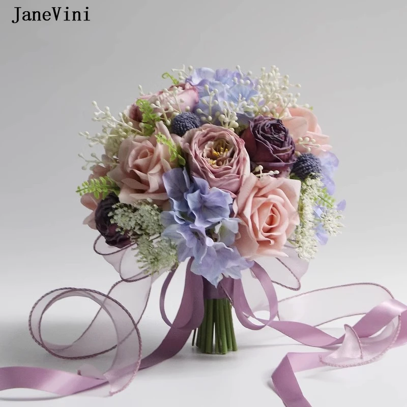 JaneVini Charming Pink Purple Bridal Hand Bouquets Bride Wedding Flowers Artificial Silk Roses Fake Bouquet Wedding Accessories