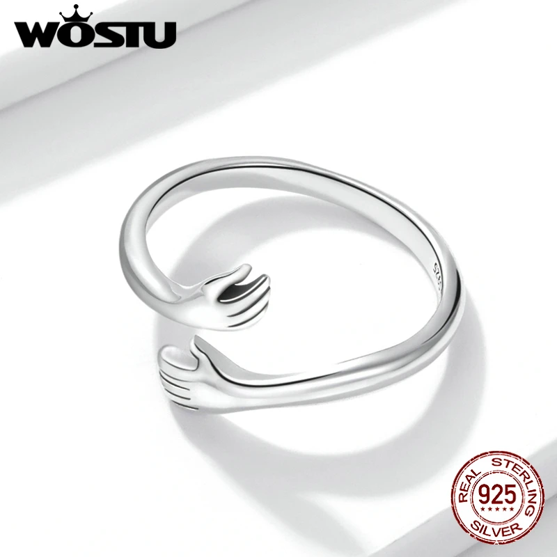 WOSTU 925 Sterling Silver Hug Hands Ring Simple Design Finger Ring For Women Elegant Silver Jewelry CTR176 image 5