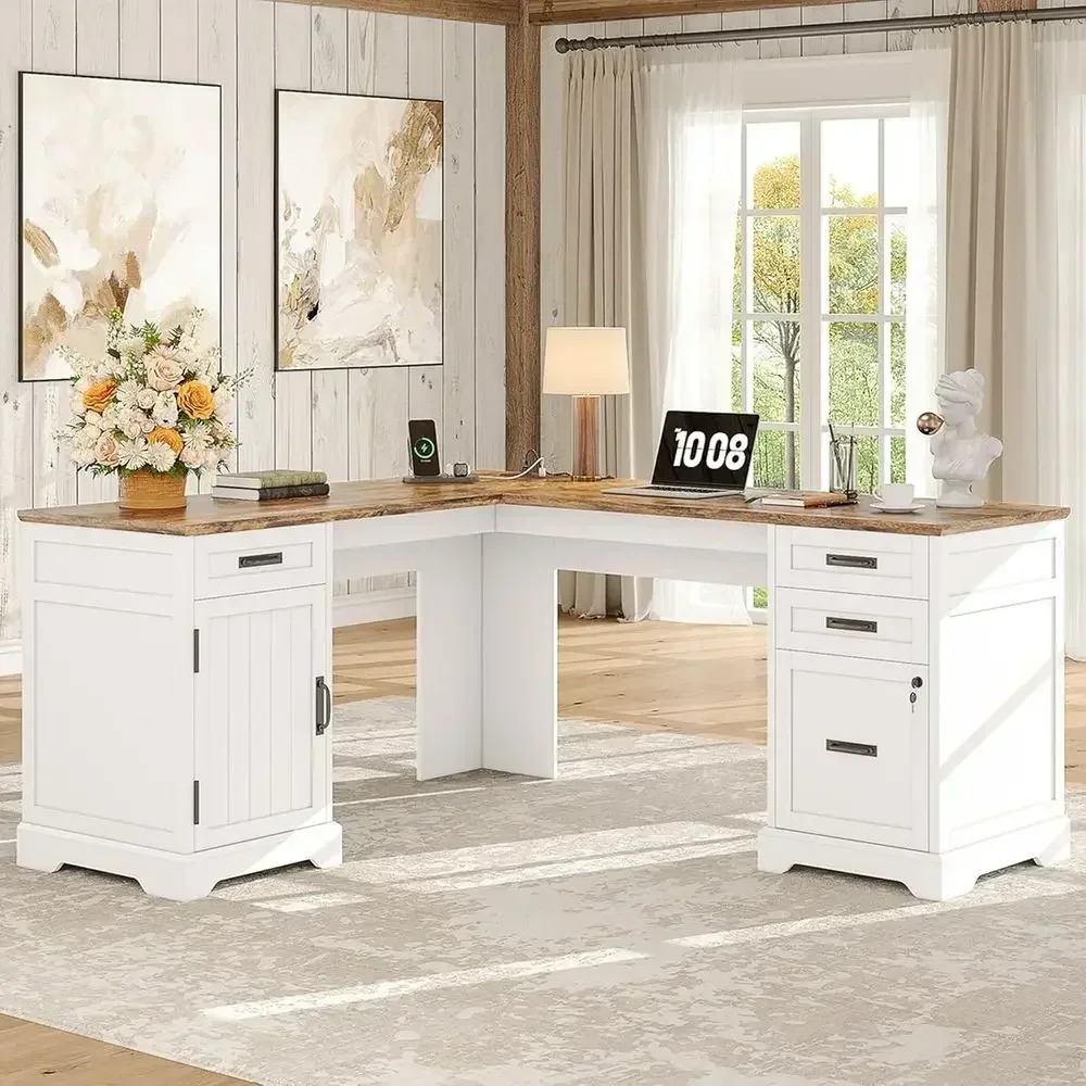 L-Shaped Desk with Drawers, 67 White Executive Office Desk with File Cabinet and Charging Station