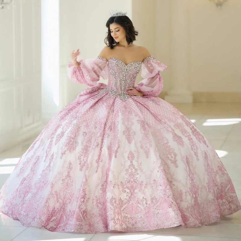 

Розовые блестящие платья Quinceanera с открытыми плечами и блестками, аппликация, кружево, бусы, бант, тюль, пышные рукава, вечерние, день рождения, сладкое платье 16.